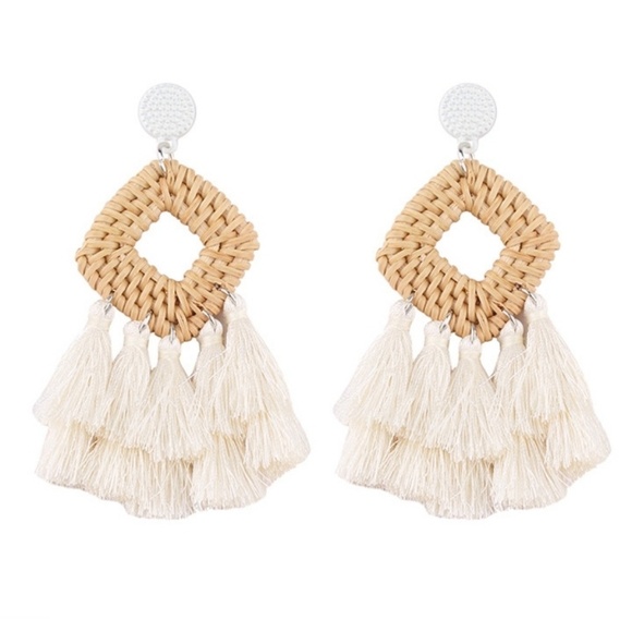 New Wooden Rattan Geometric Tassel Earrings - Picture 8 of 8
